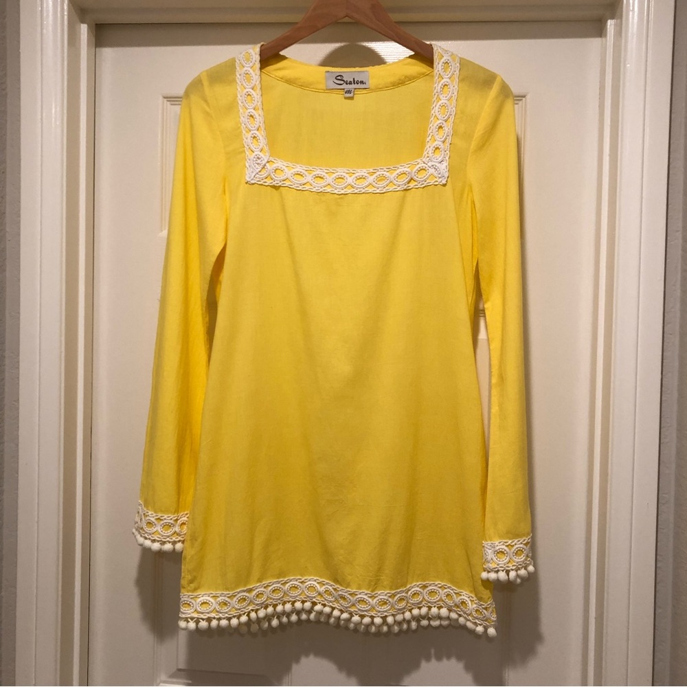 SEATON Retro Yellow Tunic Beach Pool Coverup 100% Cotton PomPon Fringe Size M